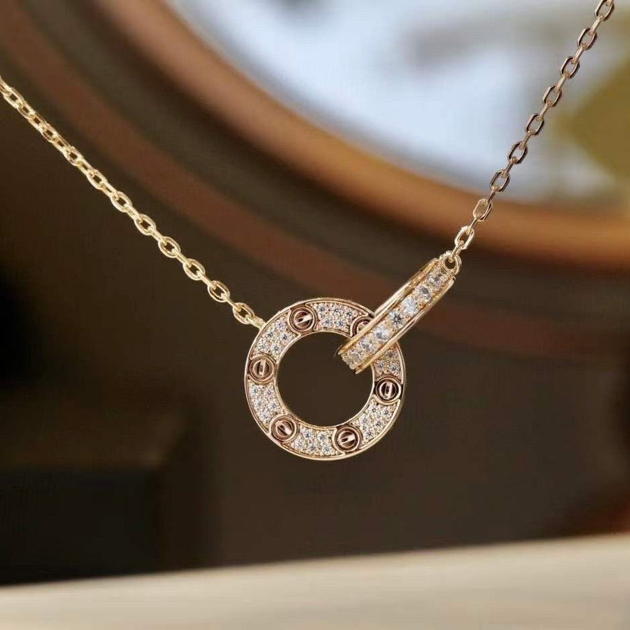 [⭐Mirelle]LOVE 7.6MM NECKLACE ROSE GOLD AND SILVER  FULL DIAMOND