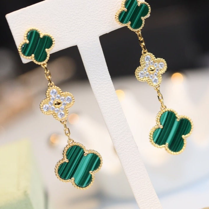 [⭐Mirelle]CLOVER EARRINGS GOLD MALACHITE DIAMOND 3 MOTIF