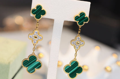 [⭐Mirelle]CLOVER EARRINGS GOLD MALACHITE DIAMOND 3 MOTIF