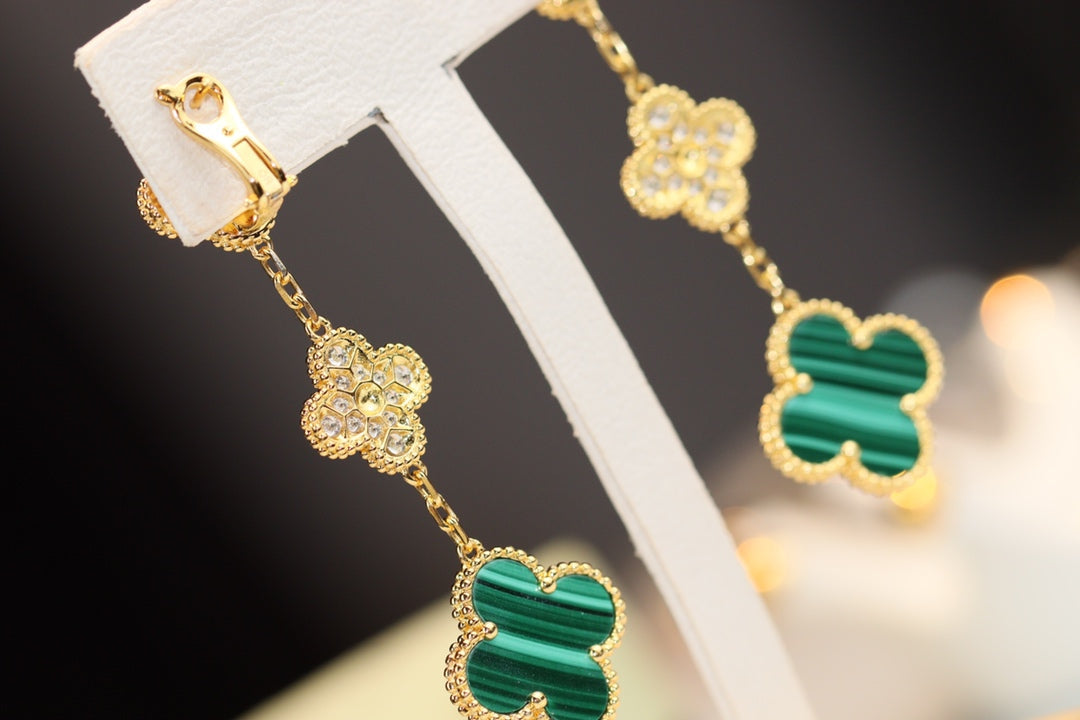 [⭐Mirelle]CLOVER EARRINGS GOLD MALACHITE DIAMOND 3 MOTIF