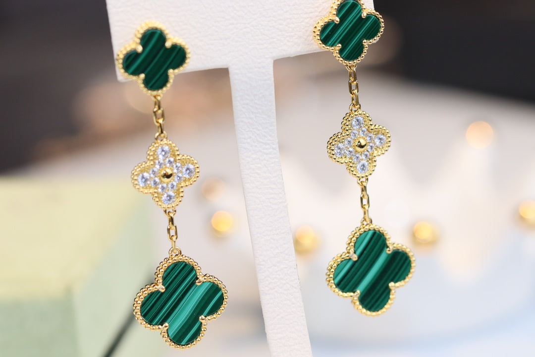 [⭐Mirelle]CLOVER EARRINGS GOLD MALACHITE DIAMOND 3 MOTIF