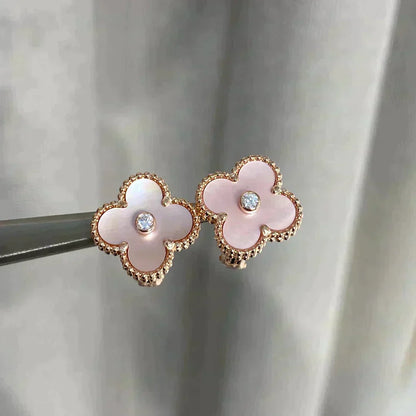 [⭐Mirelle]CLOVER MEDIUM 1 MOTIFS  PINK MOP DIAMOND EARRINGS