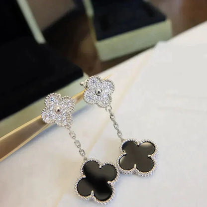 [⭐Mirelle]CLOVER 2 MOTIFS  DIAMOND ONYX EARRINGS SILVER