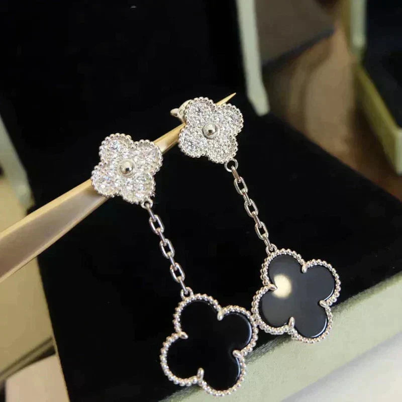 [⭐Mirelle]CLOVER 2 MOTIFS  DIAMOND ONYX EARRINGS SILVER