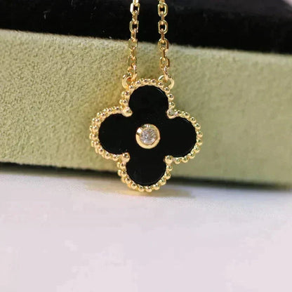 [⭐Mirelle]CLOVER 15MM DIAMOND ONYX NECKLACE