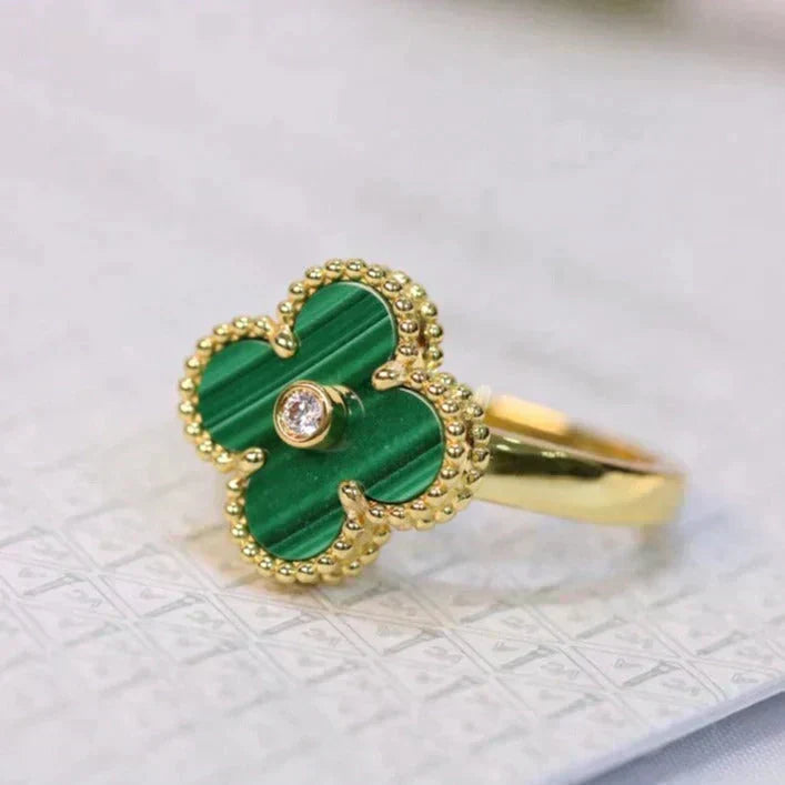 [⭐Mirelle]CLOVER MALACHITE RING GOLD DIAMOND