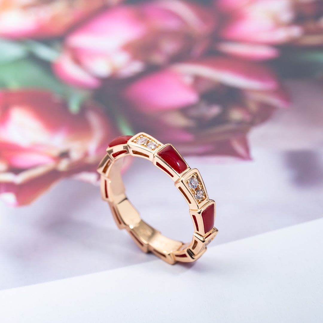 [⭐Mirelle]SERPENTI RING PINK GOLD CARNELIAN DIAMOND 3MM