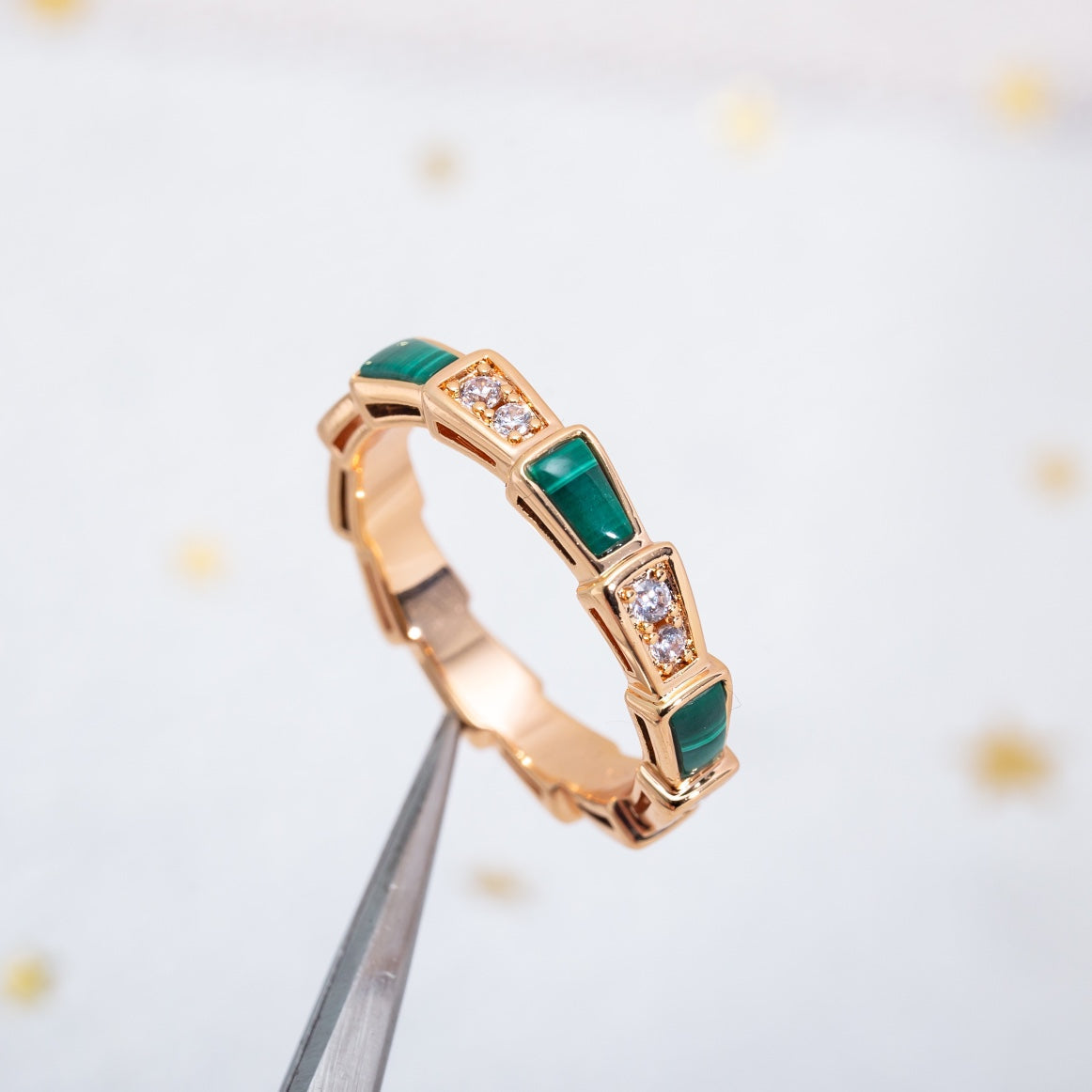 [⭐Mirelle]SERPENTI RING PINK GOLD MALACHITE DIAMOND 3MM