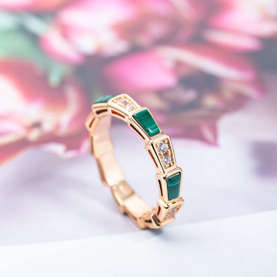 [⭐Mirelle]SERPENTI RING PINK GOLD MALACHITE DIAMOND 3MM