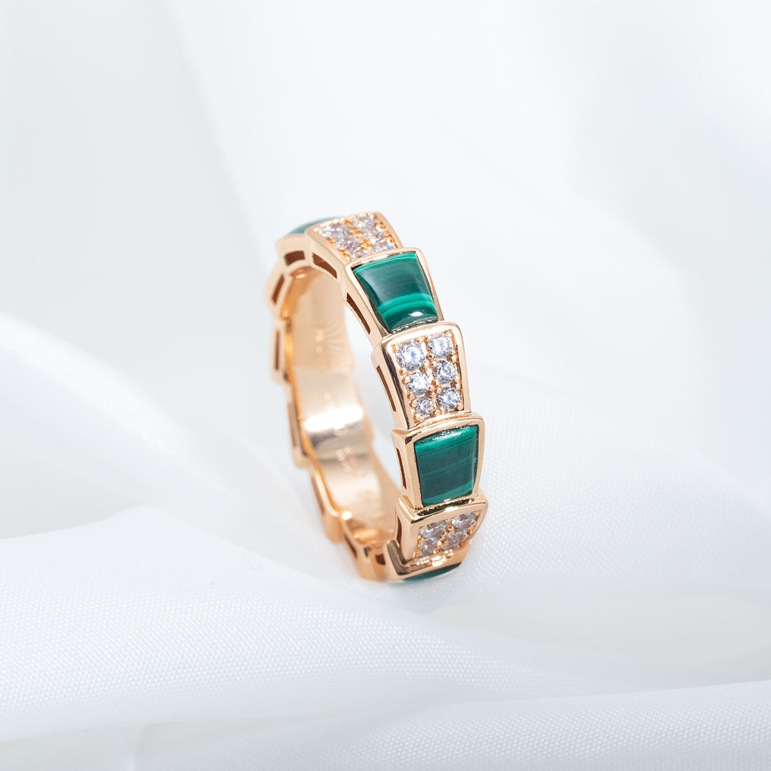 [⭐Mirelle]SERPENTI RING PINK GOLD MALACHITE DIAMOND PAVED 4MM