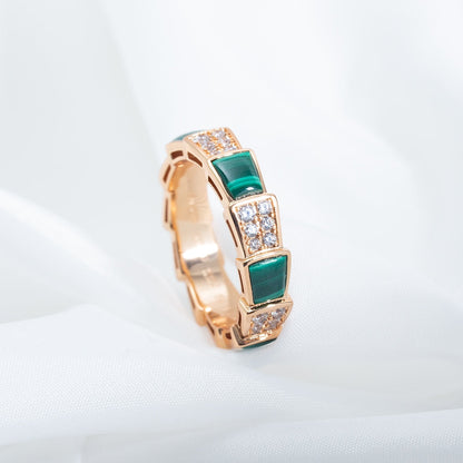 [⭐Mirelle]SERPENTI RING PINK GOLD MALACHITE DIAMOND PAVED 4MM