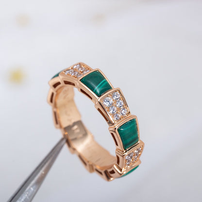 [⭐Mirelle]SERPENTI RING PINK GOLD MALACHITE DIAMOND PAVED 4MM