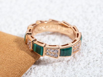 [⭐Mirelle]SERPENTI RING PINK GOLD MALACHITE DIAMOND PAVED 4MM