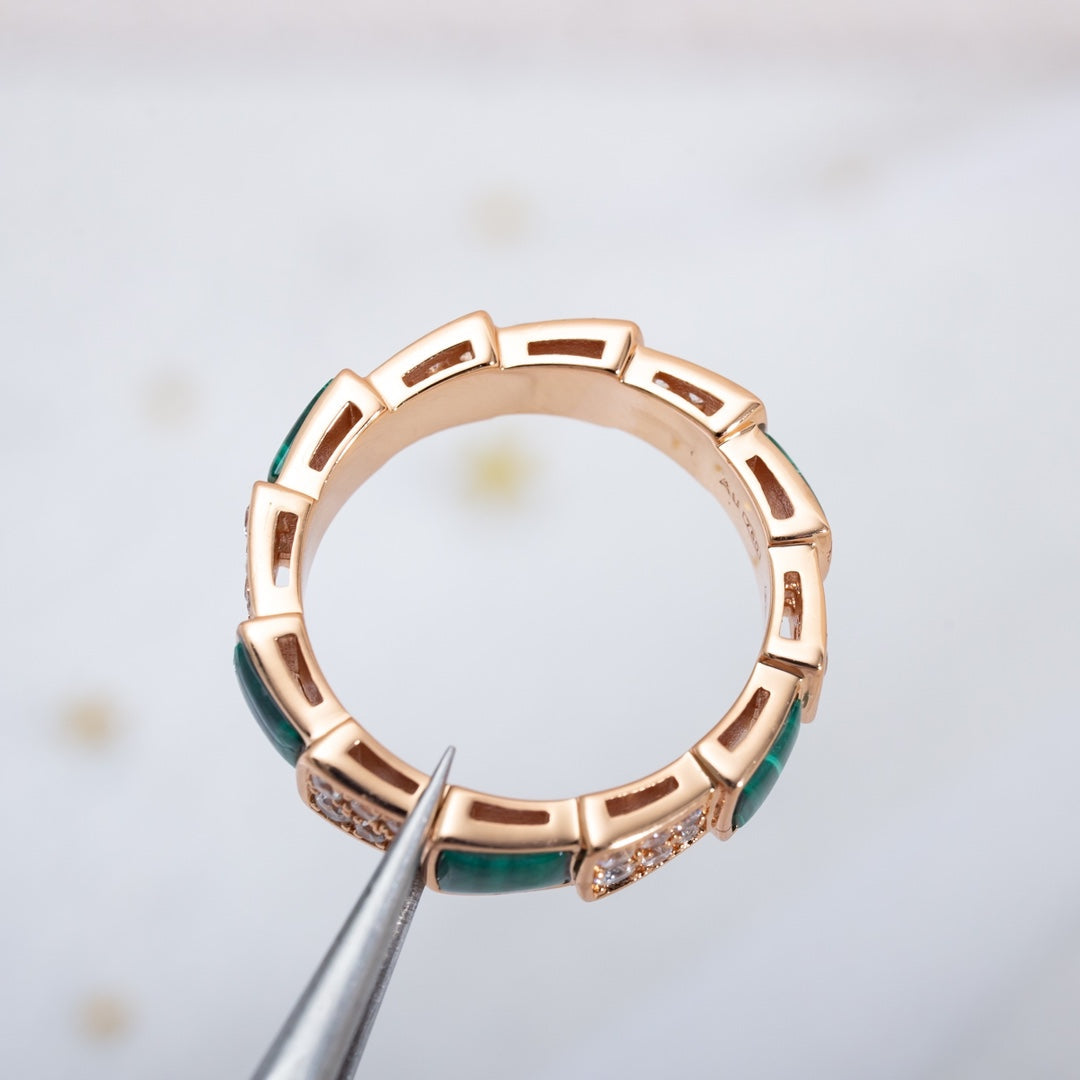 [⭐Mirelle]SERPENTI RING PINK GOLD MALACHITE DIAMOND PAVED 4MM