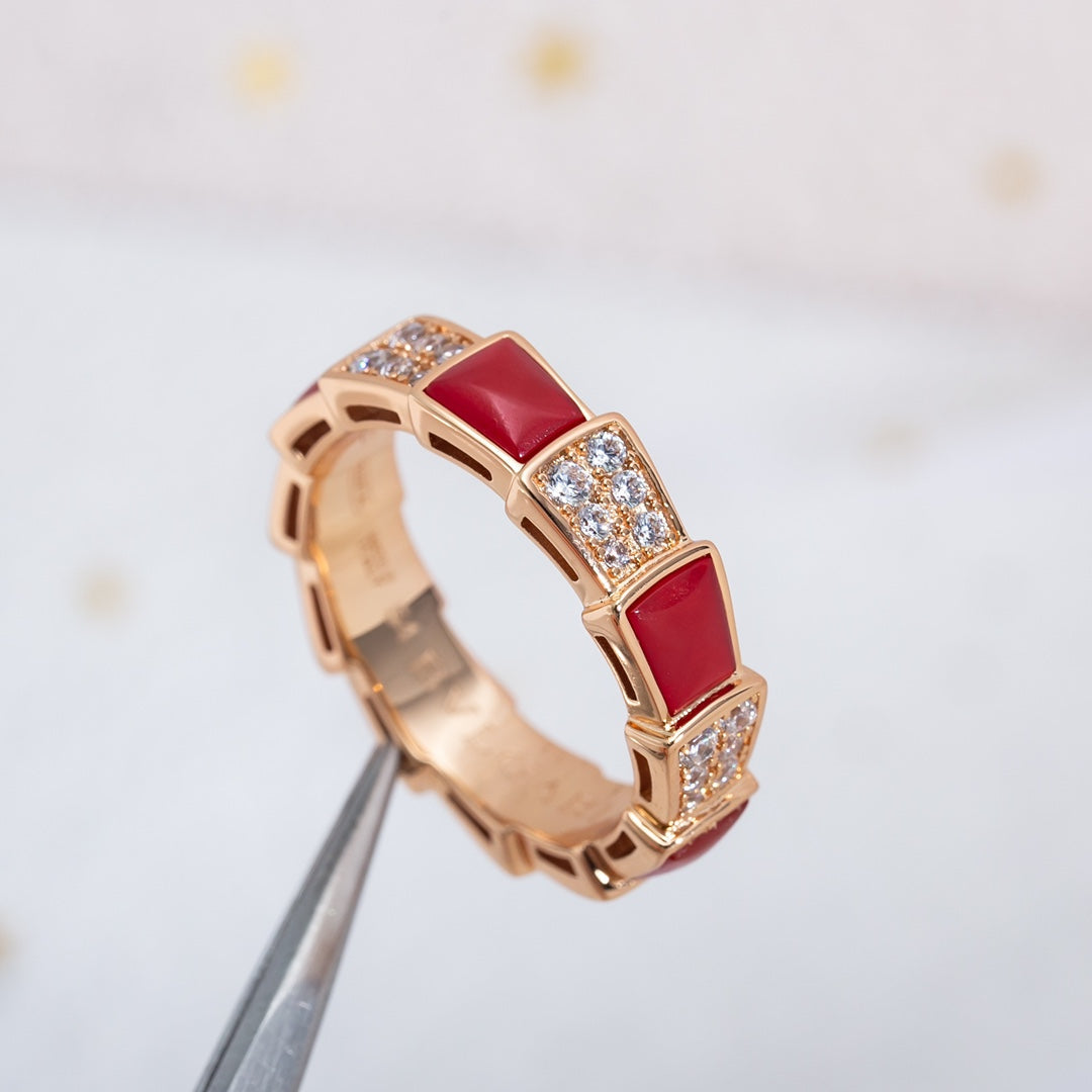 [⭐Mirelle]SERPENTI RING PINK GOLD CARNELIAN DIAMOND PAVED 4MM