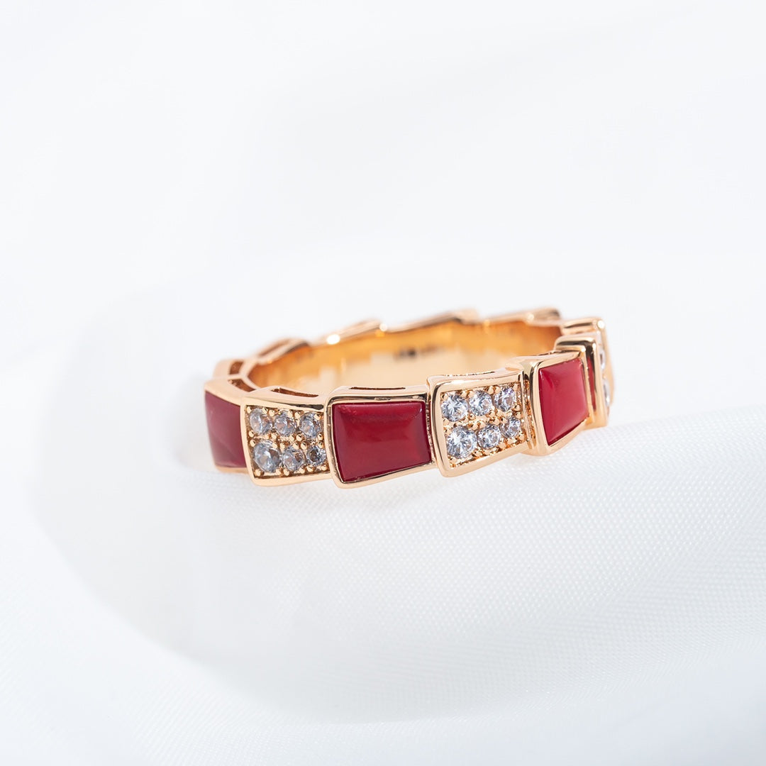 [⭐Mirelle]SERPENTI RING PINK GOLD CARNELIAN DIAMOND PAVED 4MM