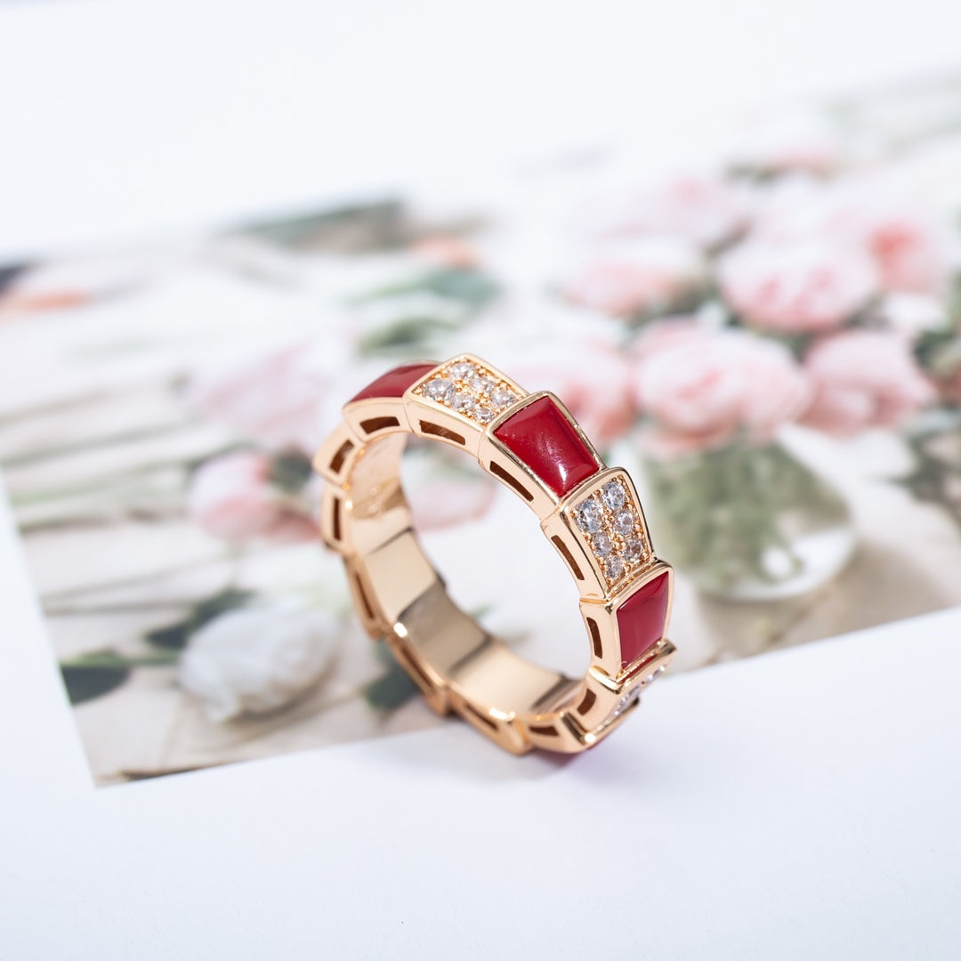 [⭐Mirelle]SERPENTI RING PINK GOLD CARNELIAN DIAMOND PAVED 4MM