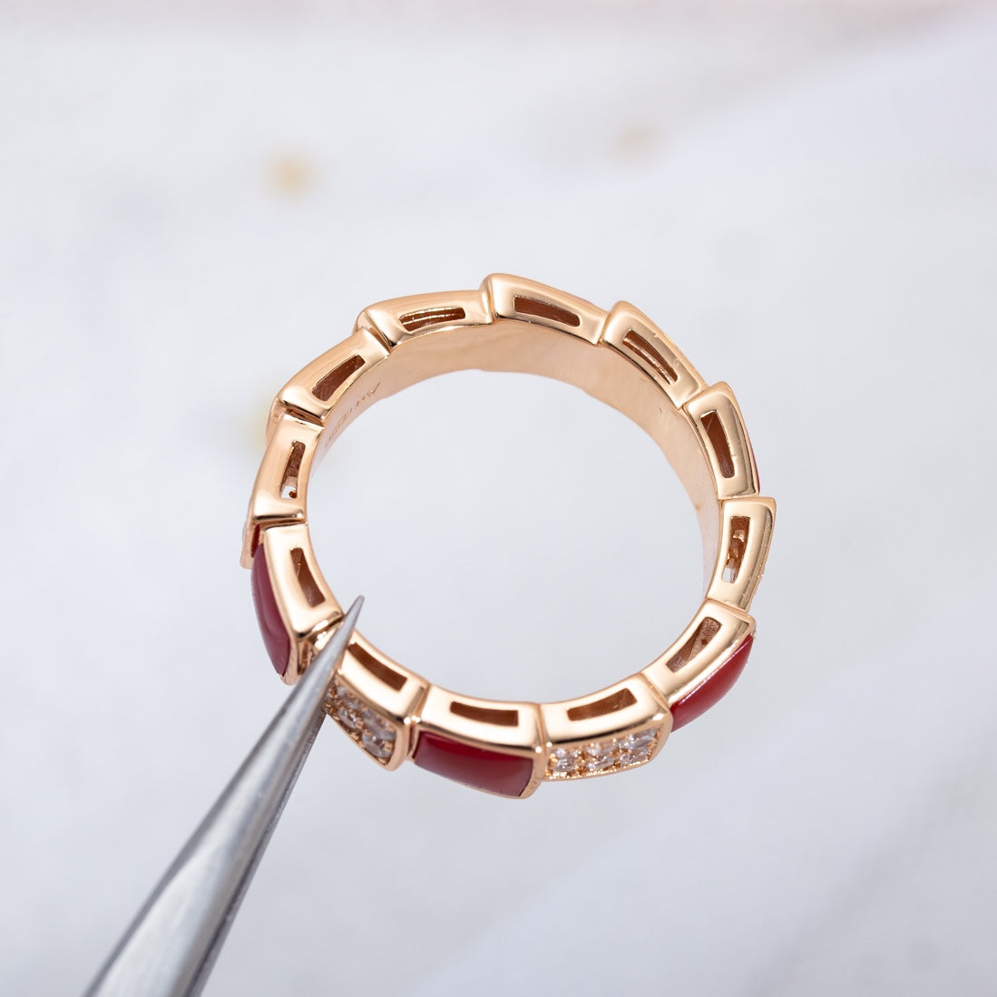 [⭐Mirelle]SERPENTI RING PINK GOLD CARNELIAN DIAMOND PAVED 4MM