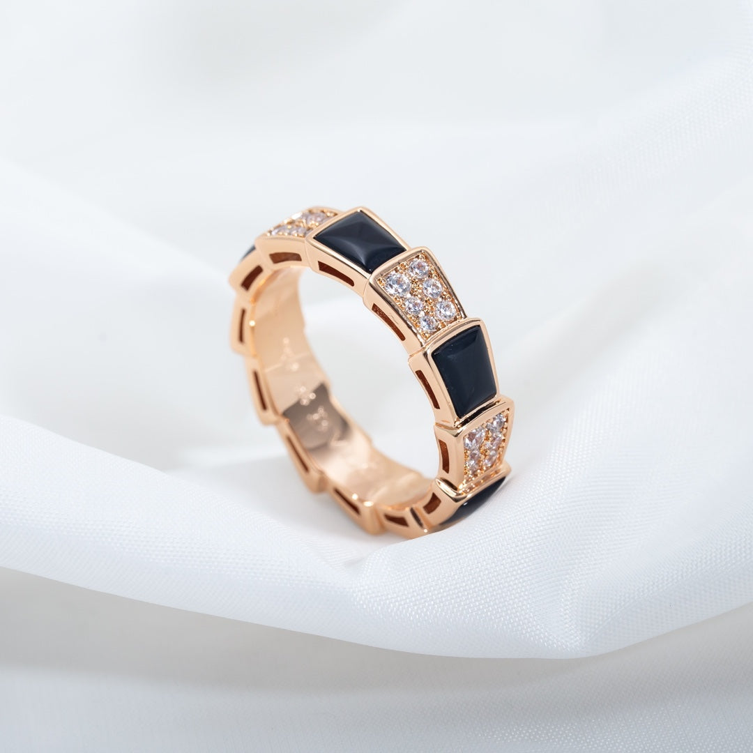 [⭐Mirelle]SERPENTI RING PINK GOLD BLACK MOP DIAMOND PAVED 4MM