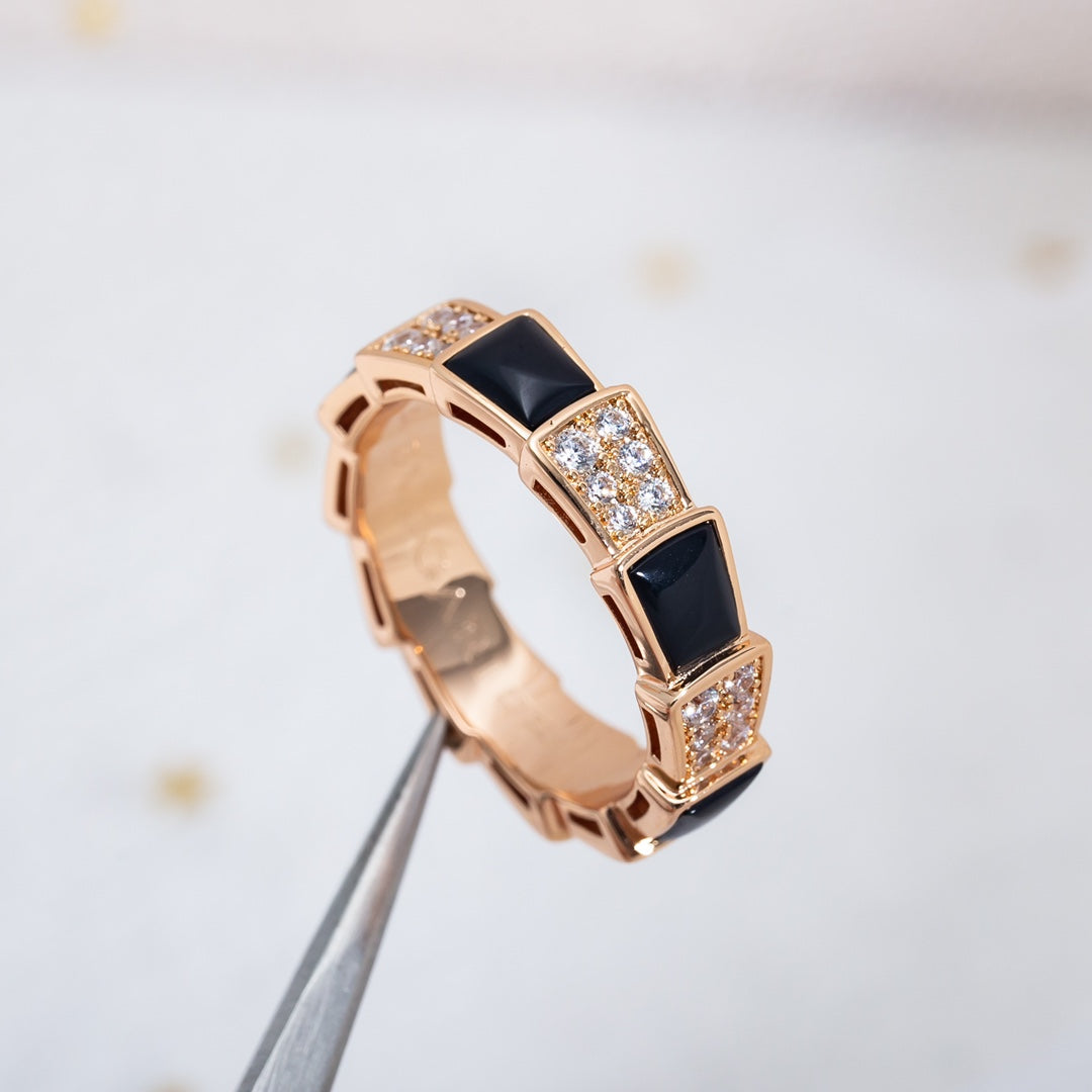[⭐Mirelle]SERPENTI RING PINK GOLD BLACK MOP DIAMOND PAVED 4MM