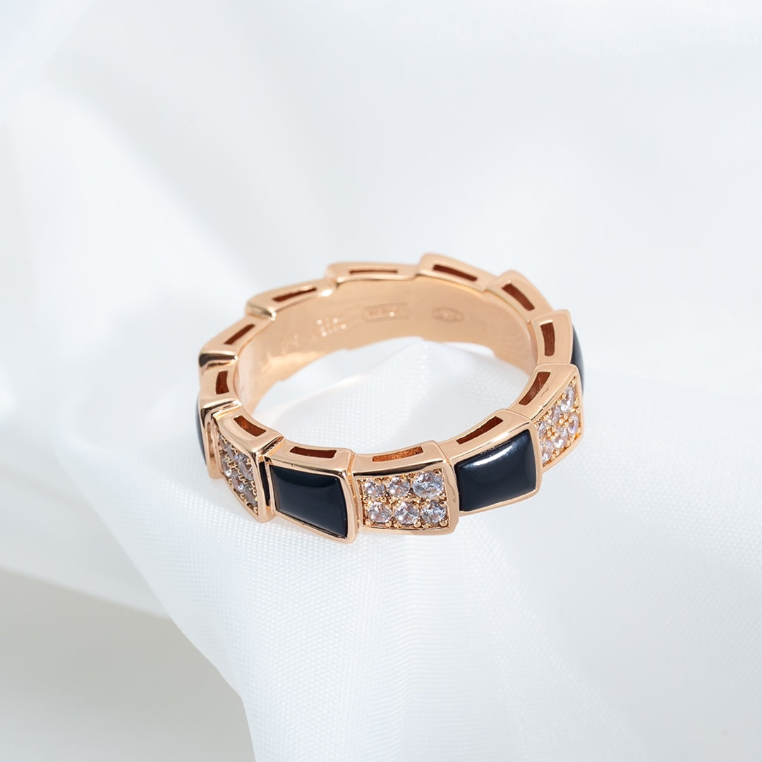 [⭐Mirelle]SERPENTI RING PINK GOLD BLACK MOP DIAMOND PAVED 4MM