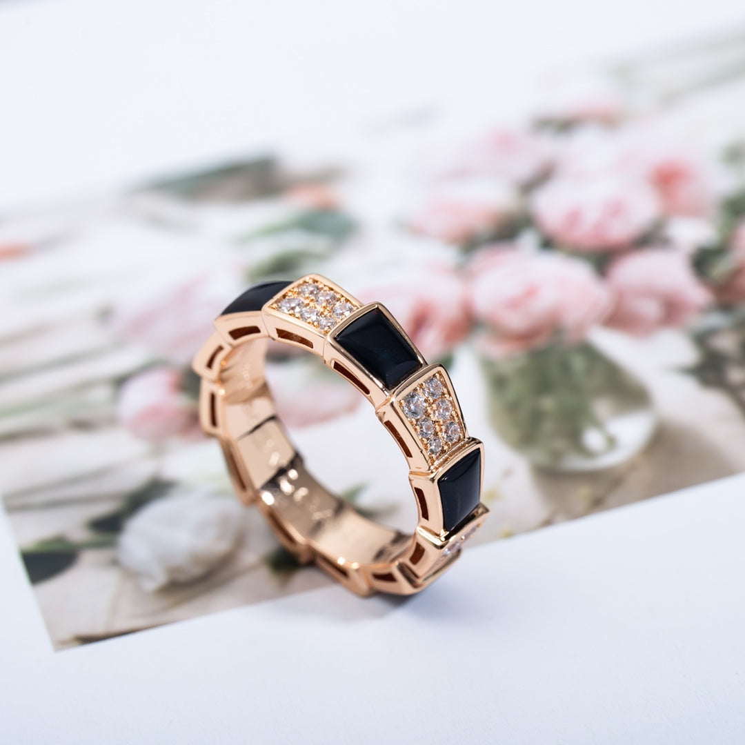 [⭐Mirelle]SERPENTI RING PINK GOLD BLACK MOP DIAMOND PAVED 4MM