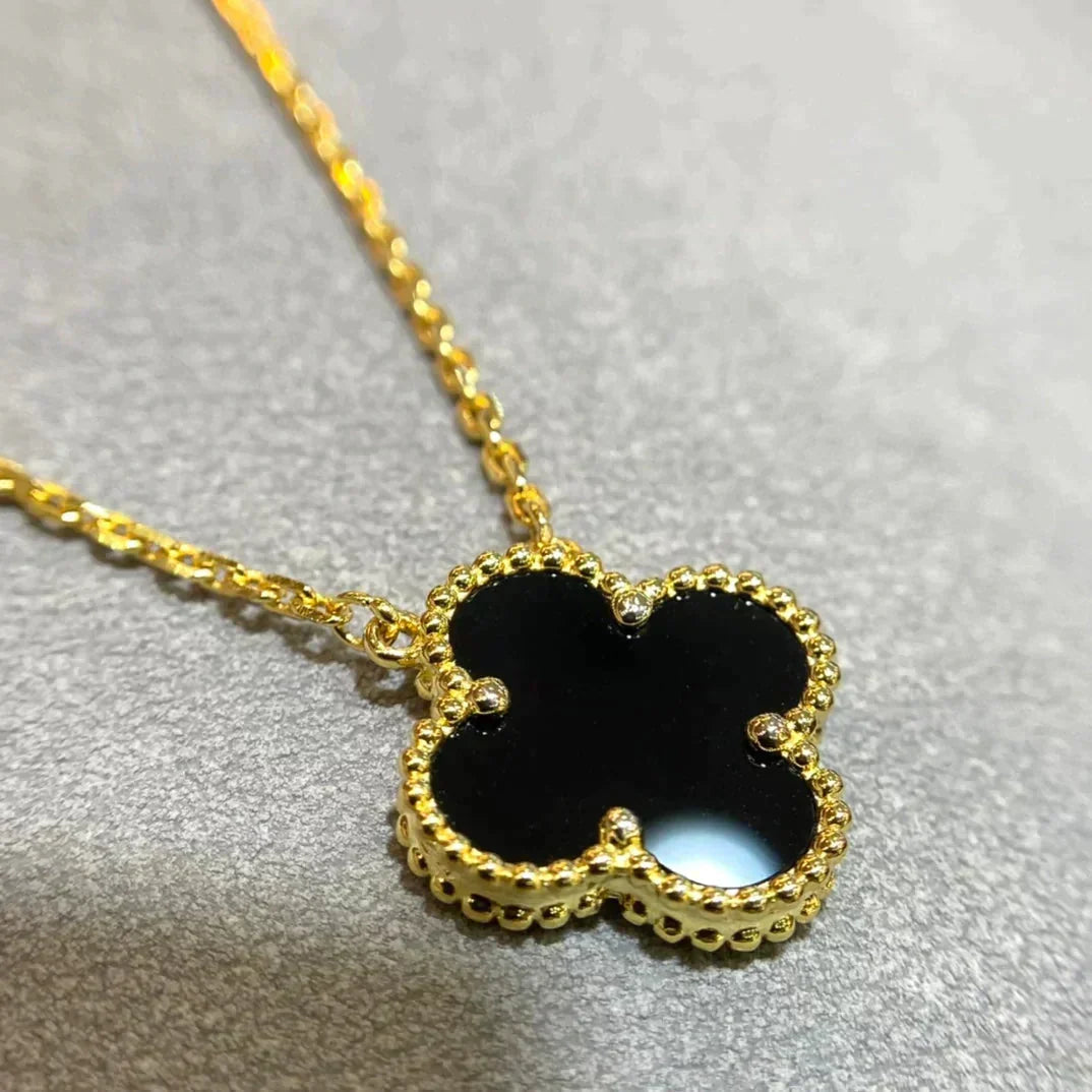 [⭐Mirelle]CLOVER 15MM BLACK ONYX SINGLE FLOWER NECKLACE