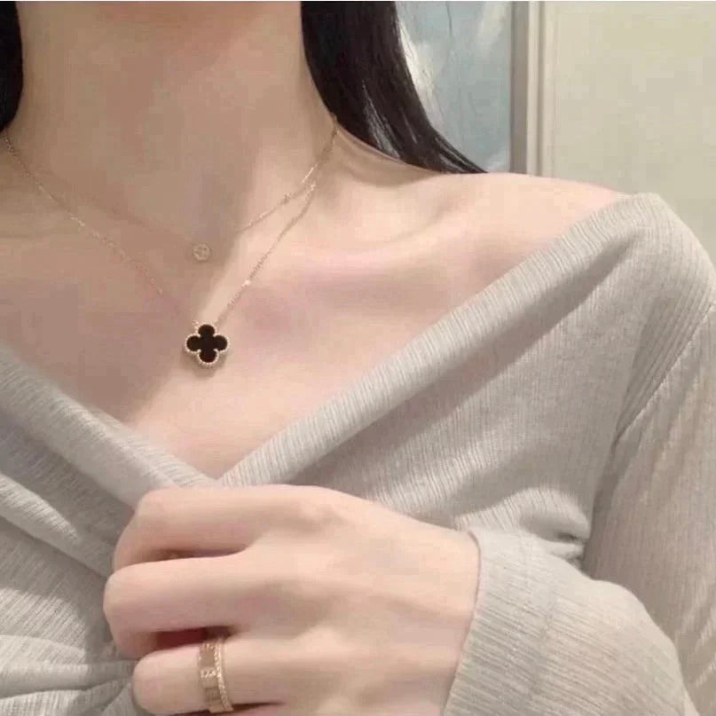 [⭐Mirelle]CLOVER 15MM BLACK ONYX SINGLE FLOWER NECKLACE