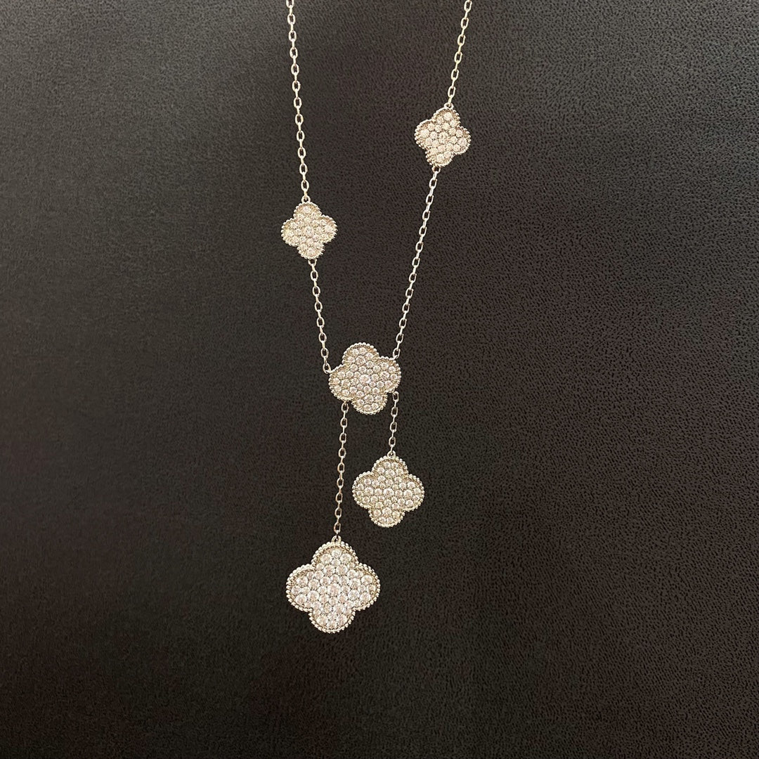 [⭐Mirelle]CLOVER 5 MOTIFS SILVER DIAMONDS NECKLACE