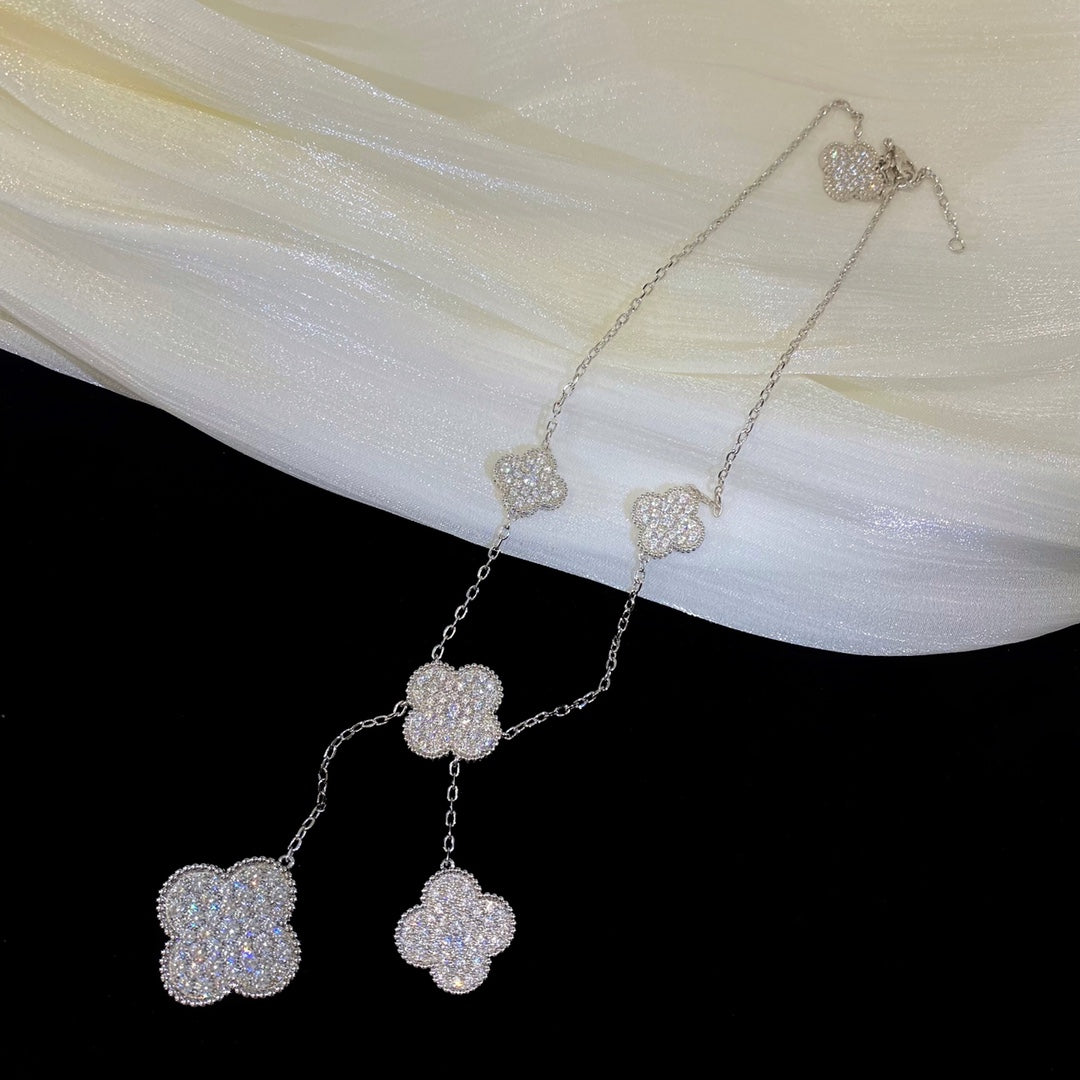 [⭐Mirelle]CLOVER 5 MOTIFS SILVER DIAMONDS NECKLACE