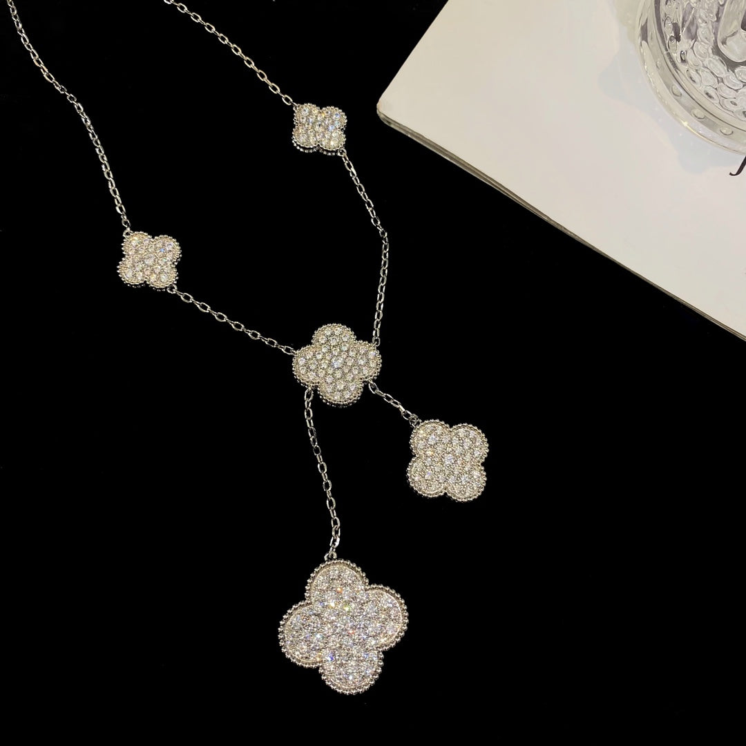 [⭐Mirelle]CLOVER 5 MOTIFS SILVER DIAMONDS NECKLACE