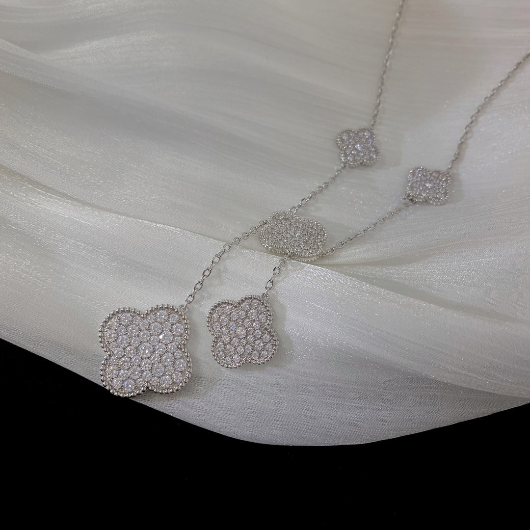 [⭐Mirelle]CLOVER 5 MOTIFS SILVER DIAMONDS NECKLACE