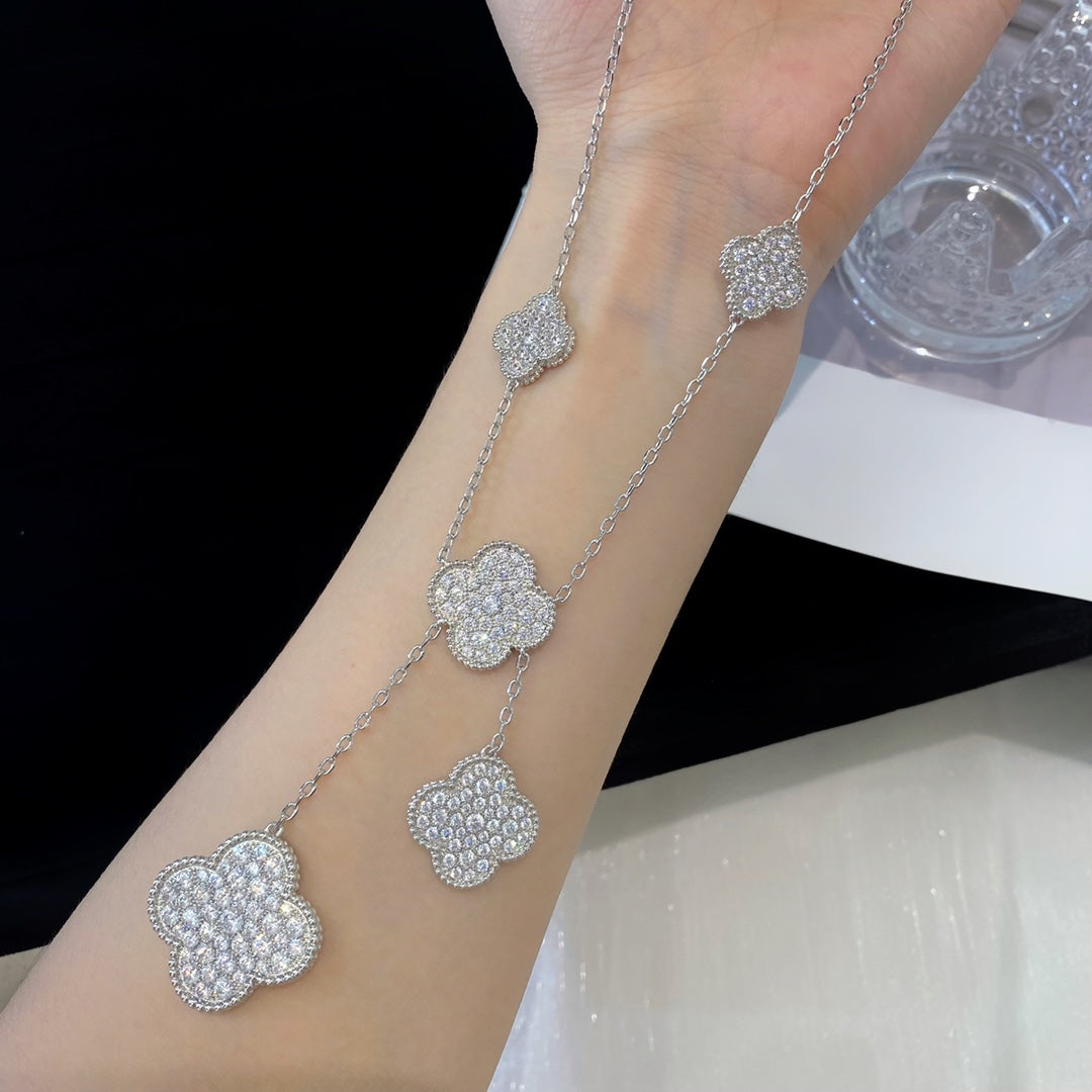 [⭐Mirelle]CLOVER 5 MOTIFS SILVER DIAMONDS NECKLACE