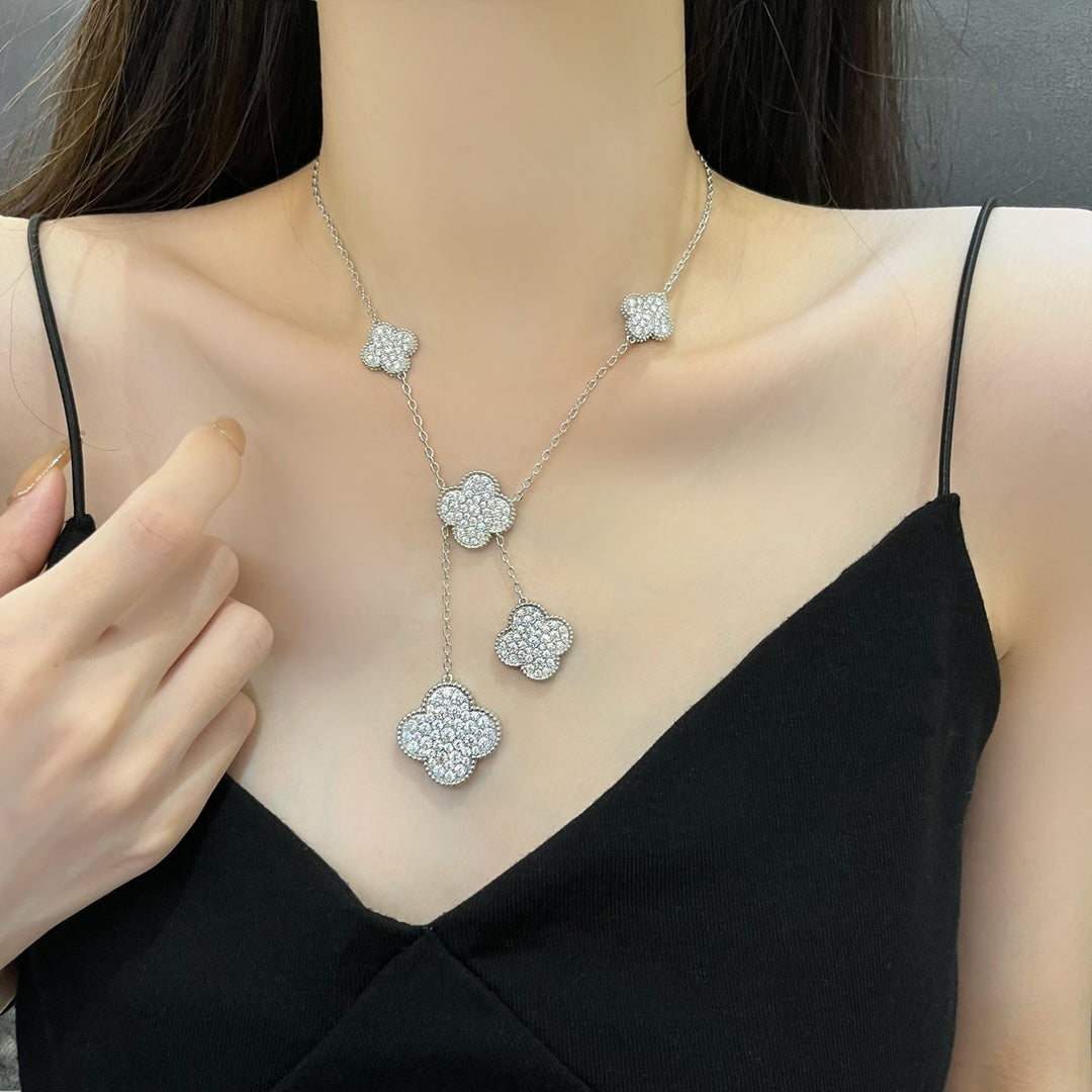 [⭐Mirelle]CLOVER 5 MOTIFS SILVER DIAMONDS NECKLACE