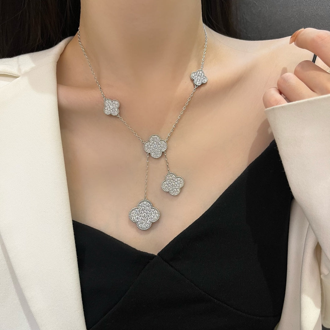 [⭐Mirelle]CLOVER 5 MOTIFS SILVER DIAMONDS NECKLACE