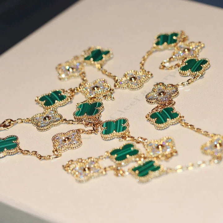 [⭐Mirelle]CLOVER 20 MOTIFS MALACHITE DIAMOND NECKLACE