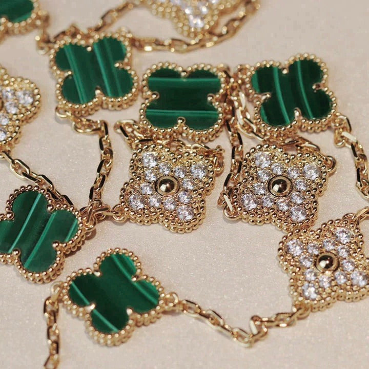 [⭐Mirelle]CLOVER 20 MOTIFS MALACHITE DIAMOND NECKLACE