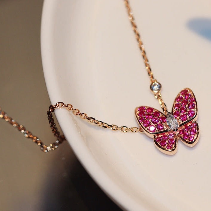 [⭐Mirelle]BUTTERFLY RED DIAMOND ROSE GOLD NECKLACE