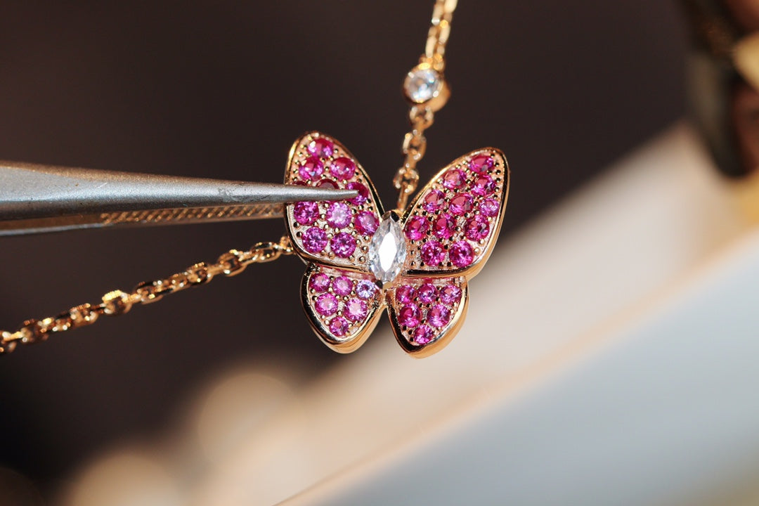 [⭐Mirelle]BUTTERFLY RED DIAMOND ROSE GOLD NECKLACE