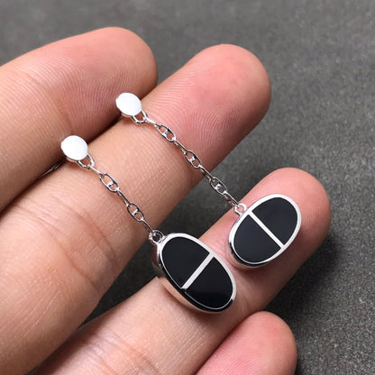 [⭐Mirelle]CHAINE VERSO BLACK CERAMIC SILVER EARRINGS