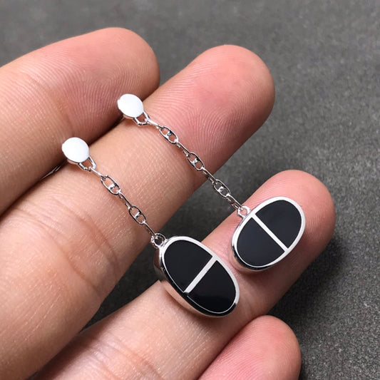 [⭐Mirelle]CHAINE VERSO BLACK CERAMIC SILVER EARRINGS
