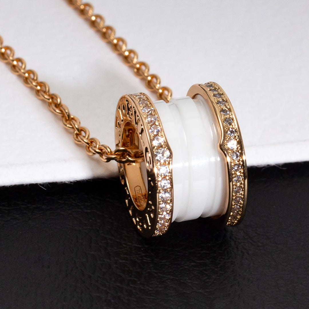 [⭐Mirelle]ZERO 1 WHITE CERAMIC PINK GOLD DIAMOND NECKLACE
