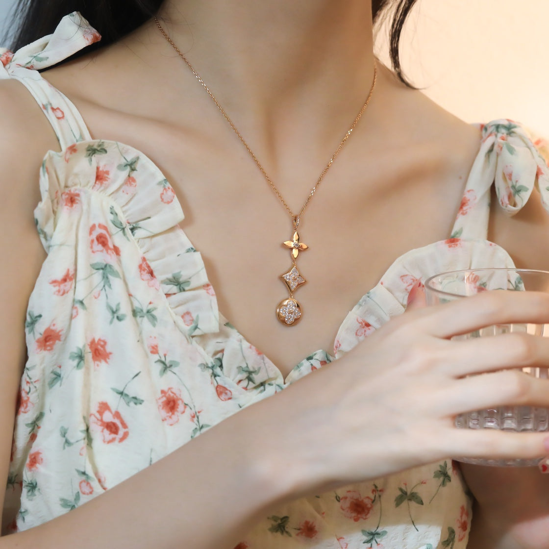 [⭐Mirelle]STAR AND SUN DIAMOND PINK GOLD NECKLACE