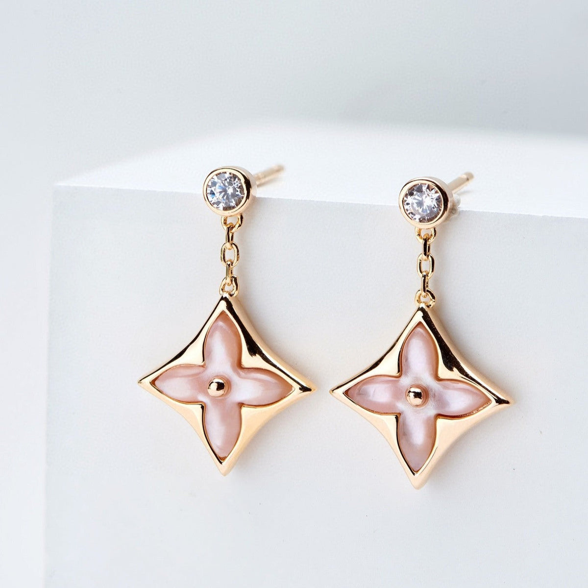 [⭐Mirelle]DOUBLE STAR PINK GOLD MOP DROP EARRINGS