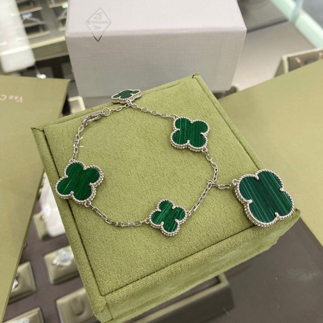 [⭐Mirelle]CLOVER 5 MOTIFS SIVLER MALACHITE BRACELET
