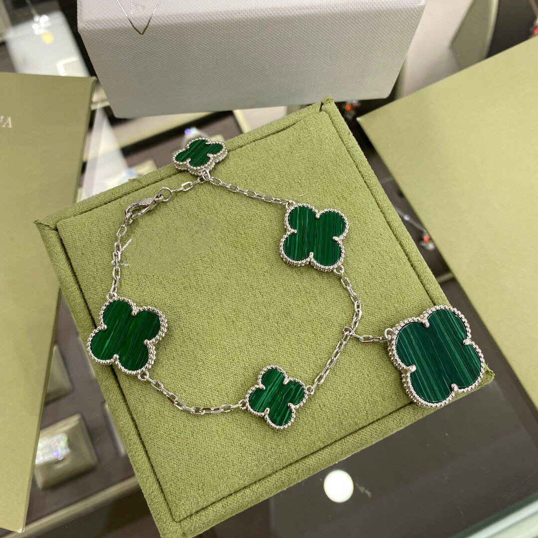 [⭐Mirelle]CLOVER 5 MOTIFS SIVLER MALACHITE BRACELET