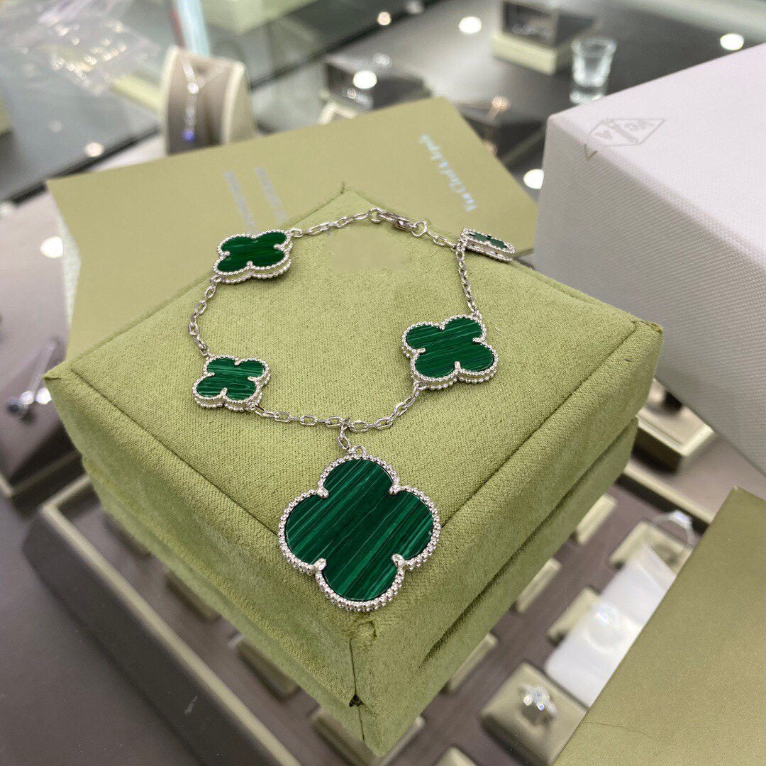 [⭐Mirelle]CLOVER 5 MOTIFS SIVLER MALACHITE BRACELET
