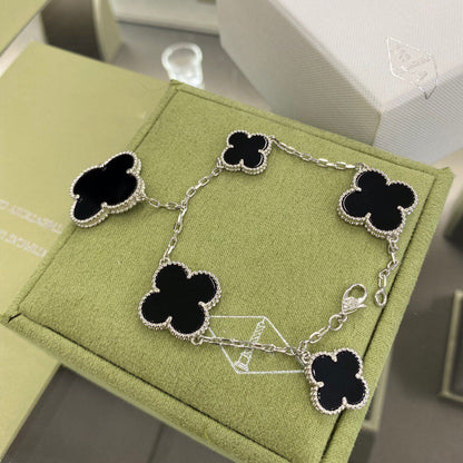 [⭐Mirelle]CLOVER 5 MOTIFS SIVLER ONYX BRACELET