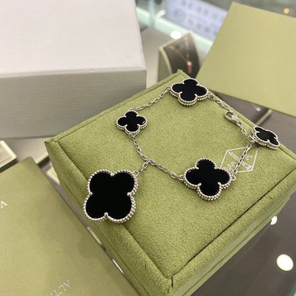 [⭐Mirelle]CLOVER 5 MOTIFS SIVLER ONYX BRACELET
