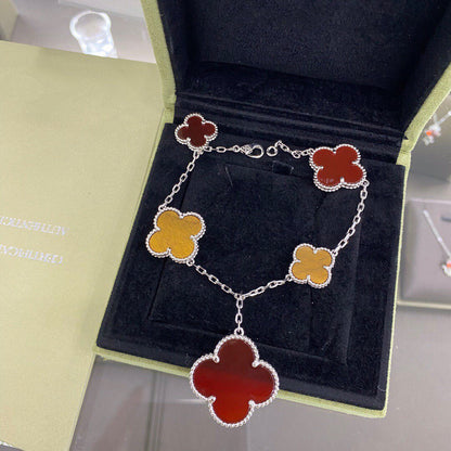[⭐Mirelle]CLOVER 5 MOTIFS SIVLER CARNELIAN TIGER EYE BRACELET